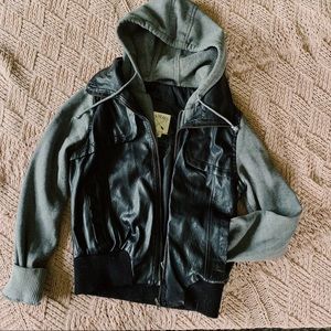 Black/Gray Leather Jacket with Sweater Sleeves